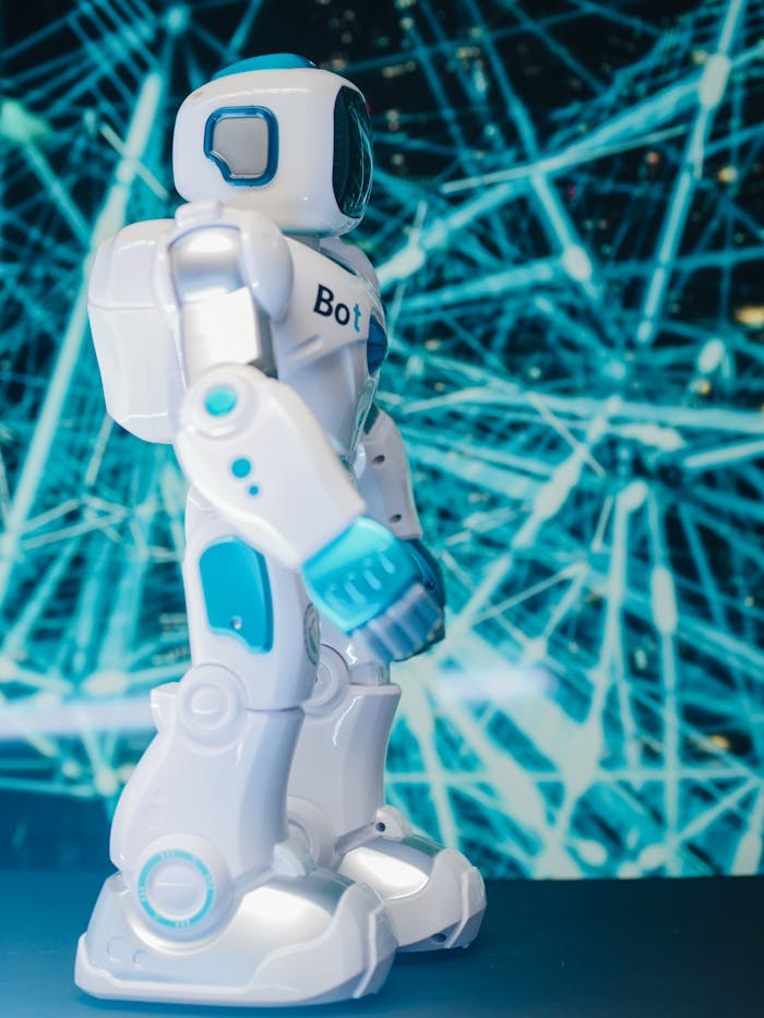A futuristic robot with a digital network background symbolizes innovation and modern technology.